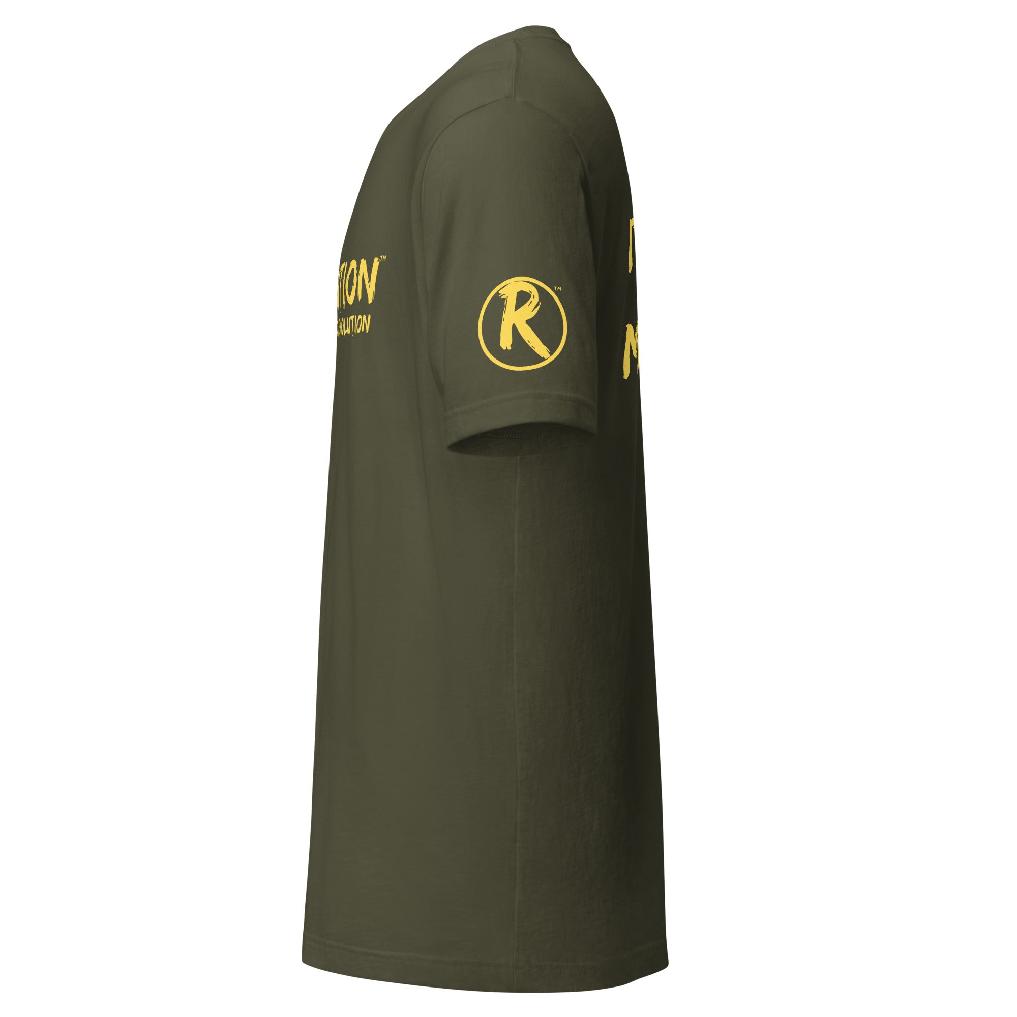 Revolution streetwear military green premium t-shirt yellow IT'S ALL MADE UP graphics left side view