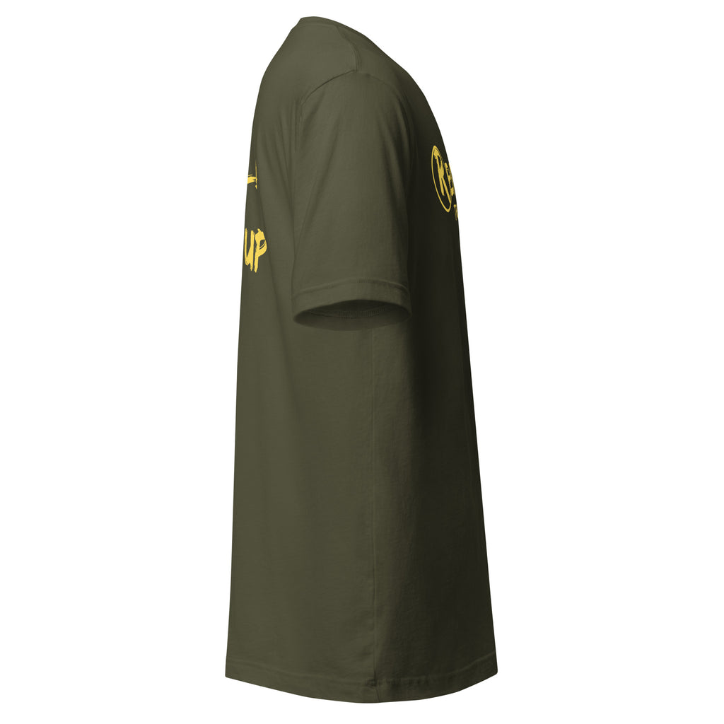 Revolution streetwear military green premium t-shirt yellow IT'S ALL MADE UP graphics right side view