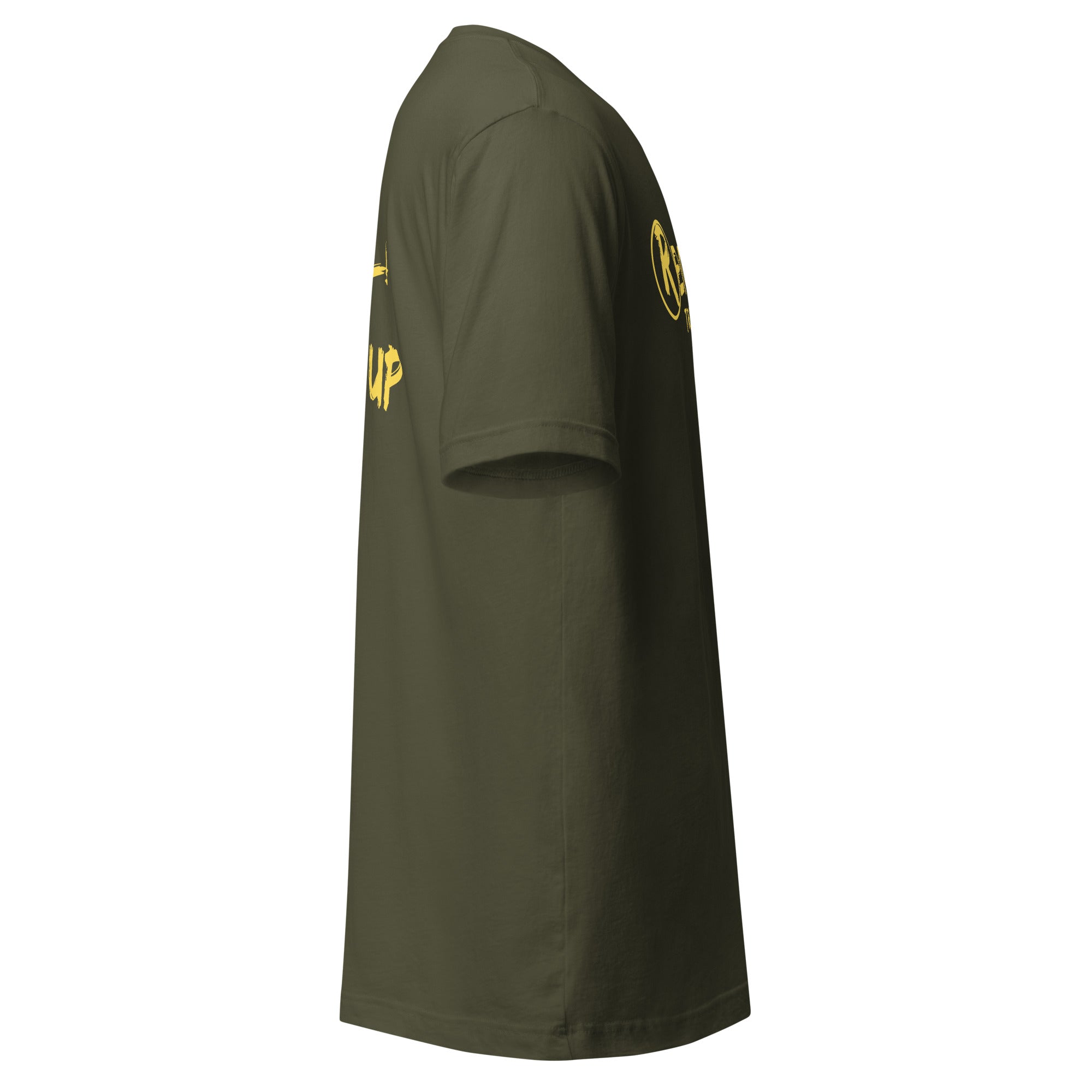 Revolution streetwear military green premium t-shirt yellow IT'S ALL MADE UP graphics right side view