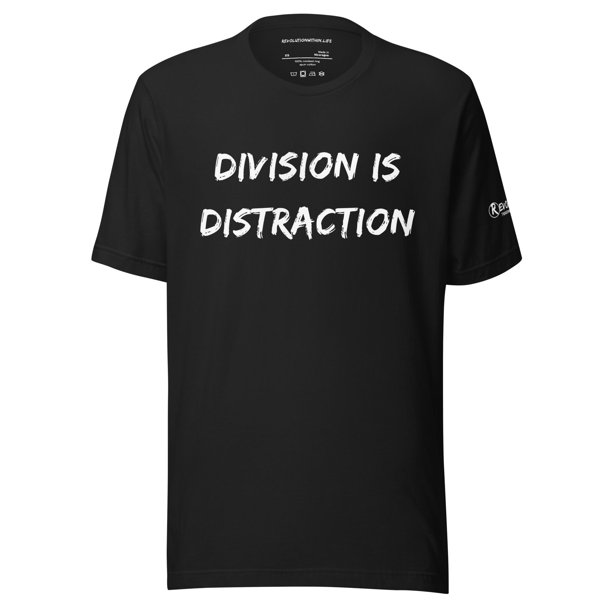 Revolution streetwear vintage black premium t-shirt white DIVISION IS DISTRACTION graphics front view