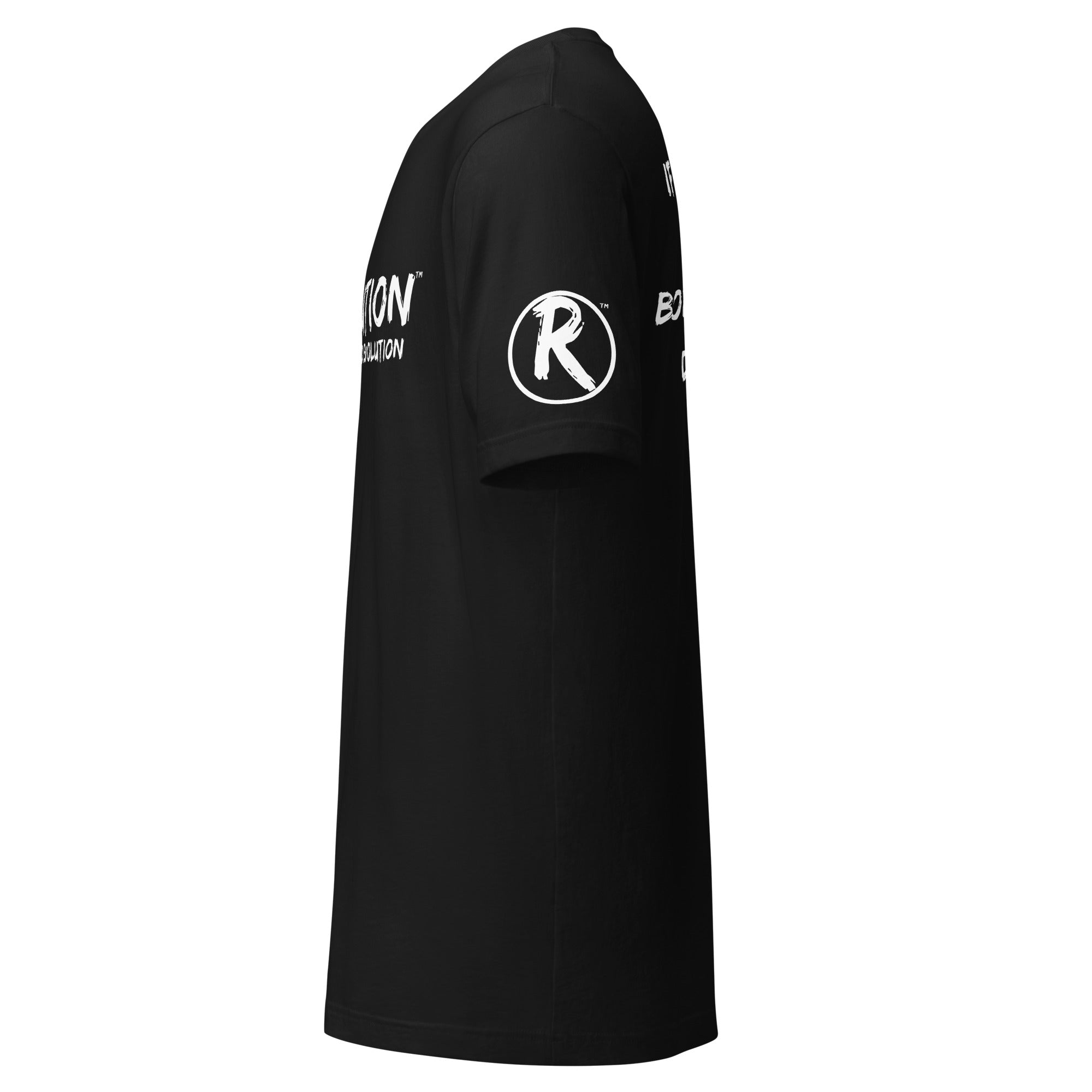 Revolution streetwear black premium t-shirt white GOD'S LOVE graphics left side view