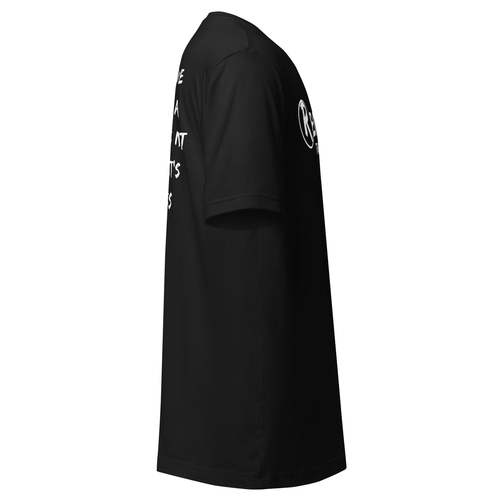 Revolution streetwear black premium t-shirt white GOD'S LOVE graphics right side view